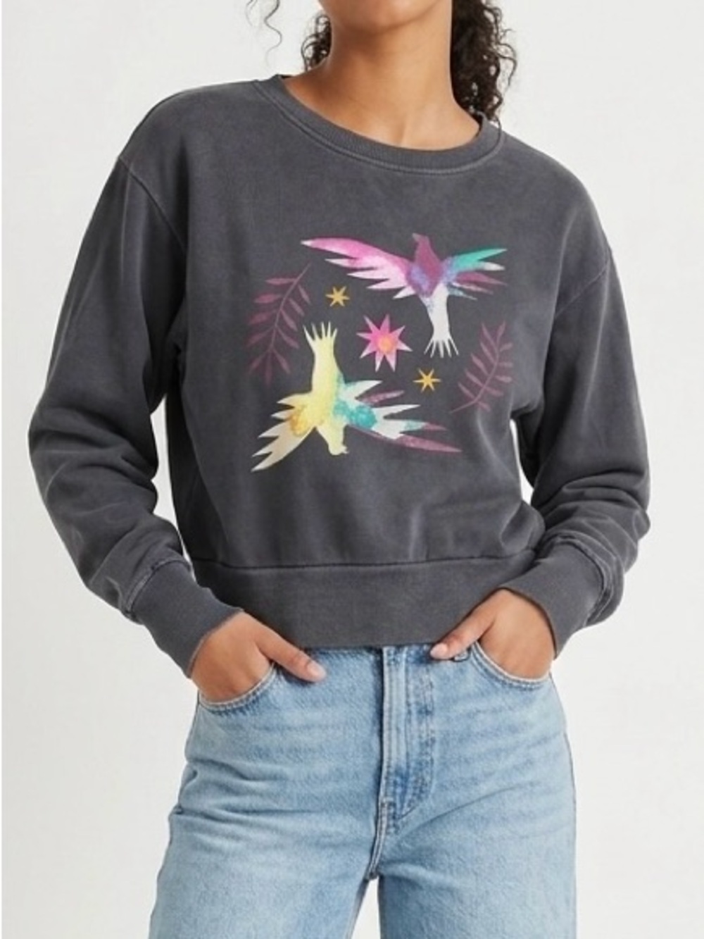 Anthropologie Allison Garcia Doves Sweatshirt Charcoal XS Boho Elevated Casual